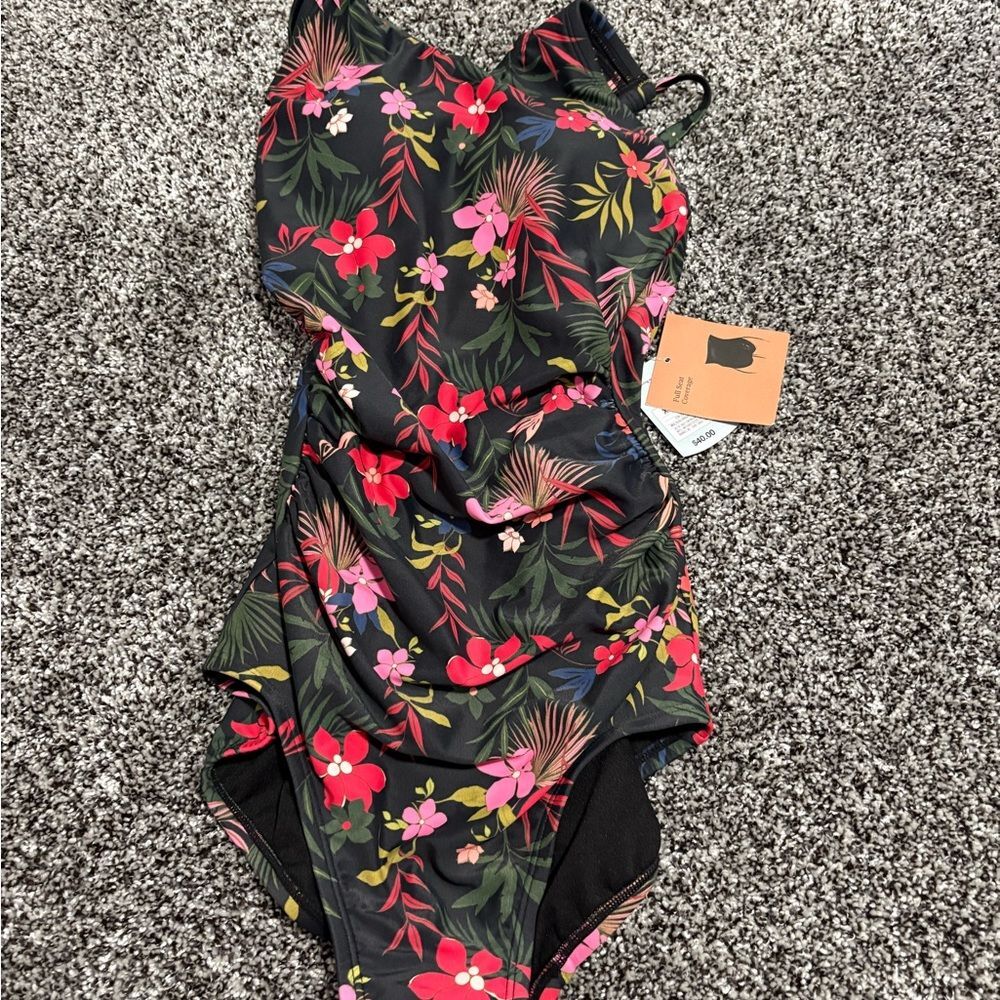 NWT XS Floral One-Piece Swimsuit in Black with Pink & Red Flowers